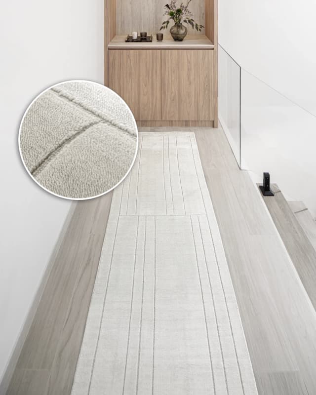 Elliot Bianca Runners carpet in white and pearl, shown in a lifestyle front view