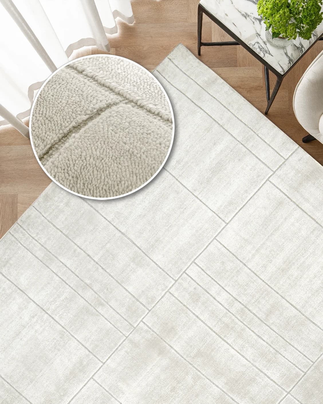 Elliot Bianca carpet in white and pearl, shown in a lifestyle top view as image 2