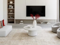 Ethan Goldberg carpet in rust, grey and gold, shown in a lifestyle front view