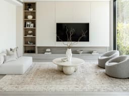 Ethan Martin carpet in beige and grey, shown in a lifestyle front view