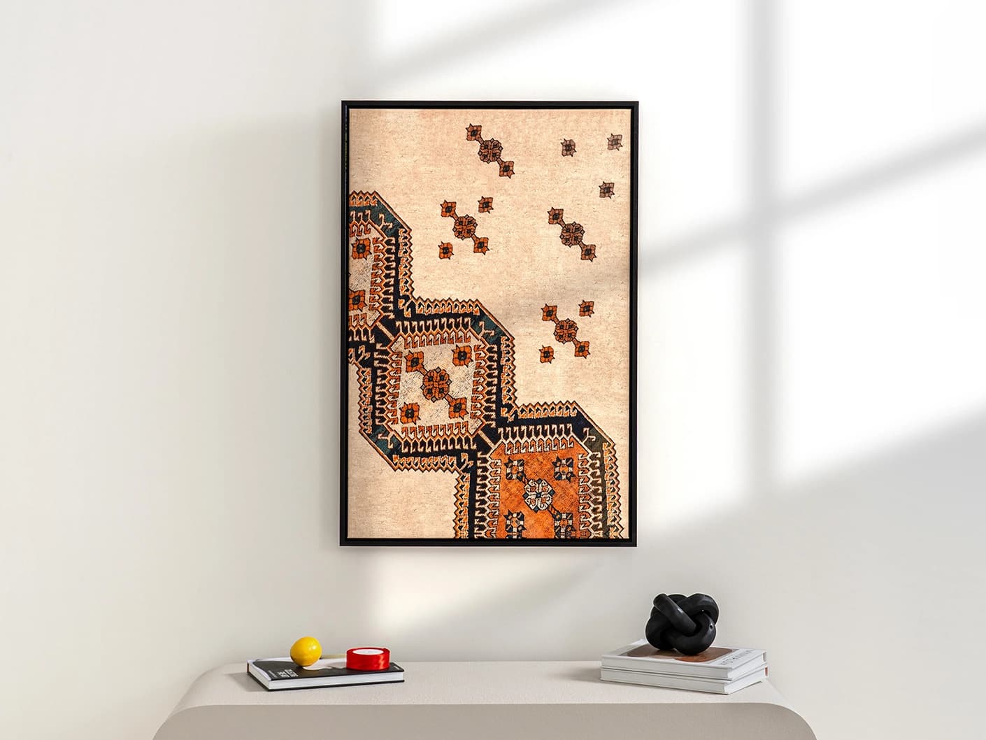 Feather Weight canvas artwork in beige, blue and rust, shown in a lifestyle front view