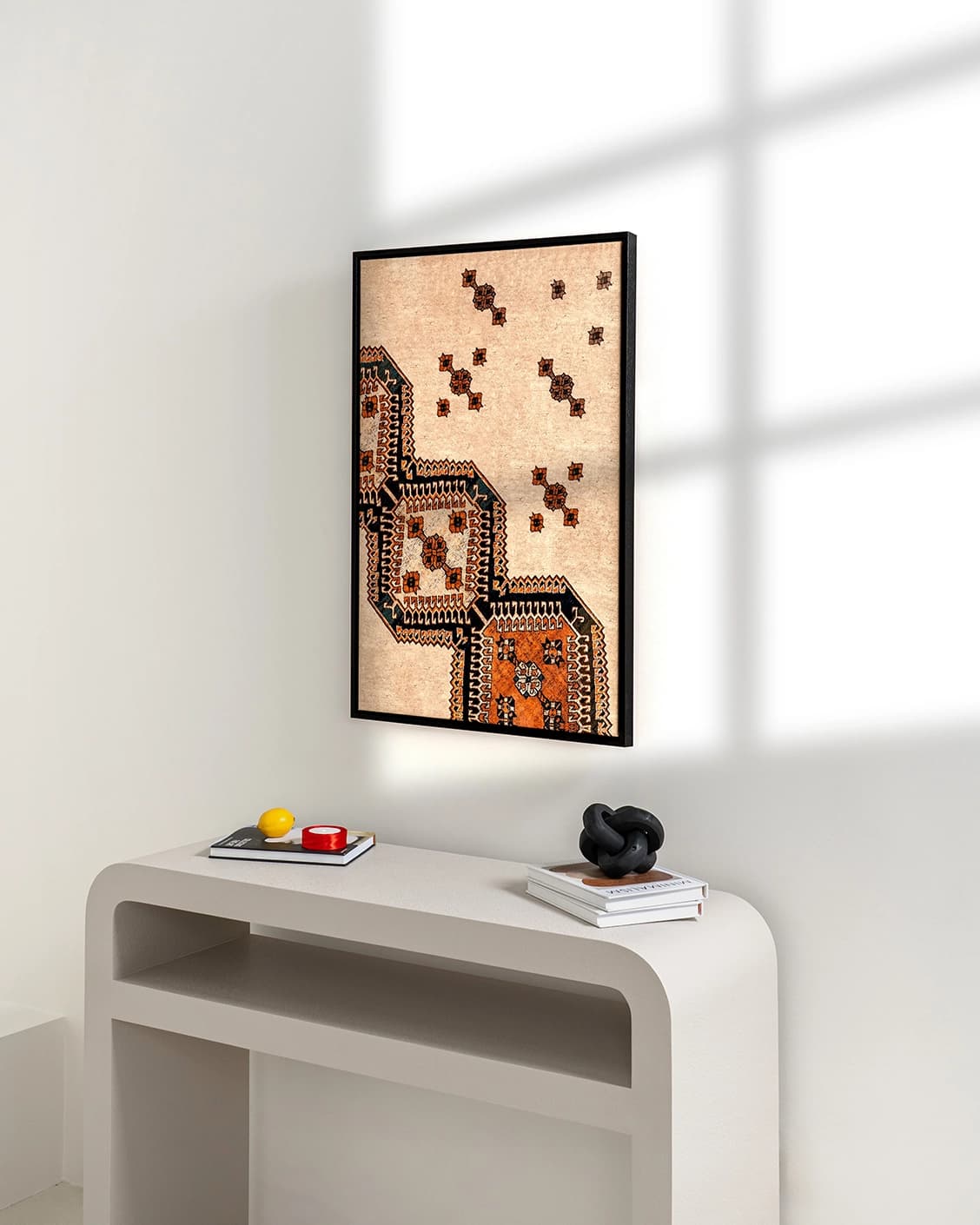 Feather Weight canvas in beige, blue and rust, shown in a lifestyle right view as image 4