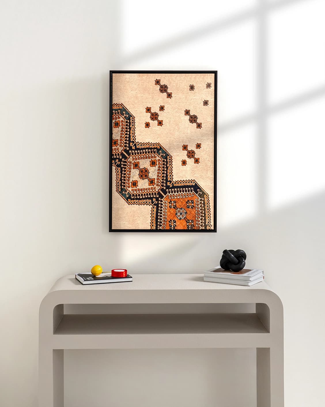 Feather Weight canvas in beige, blue and rust, shown in a lifestyle front view as image 2