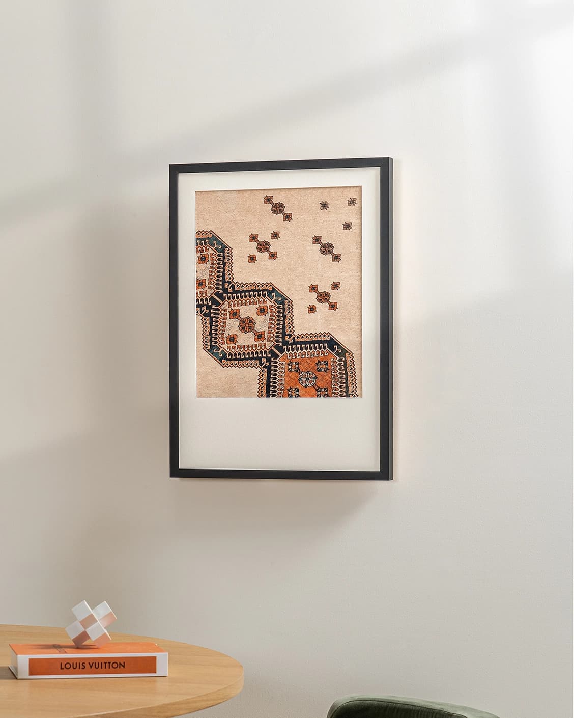 Feather Weight fine art print in beige, blue and rust, shown in a lifestyle left view as image 2