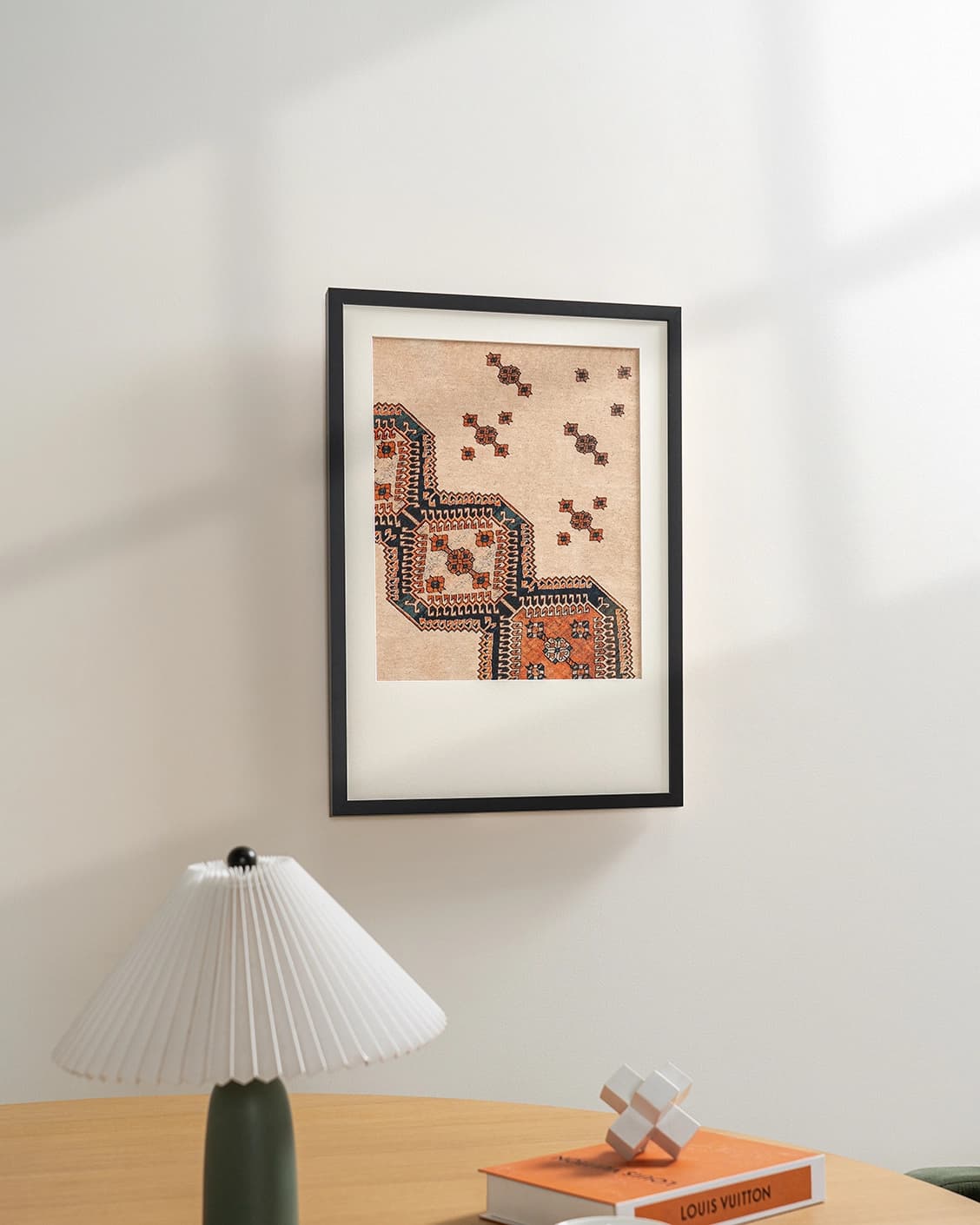 Feather Weight fine art print in beige, blue and rust, shown in a lifestyle left view as image 4