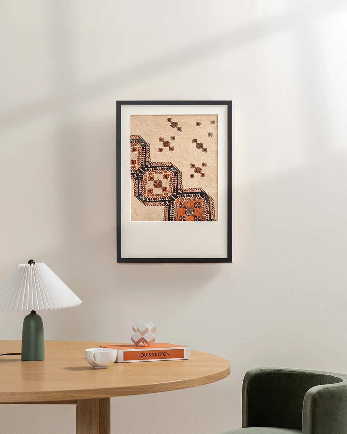 Feather Weight fine art print in beige, blue and rust, shown in a lifestyle front view as image 3