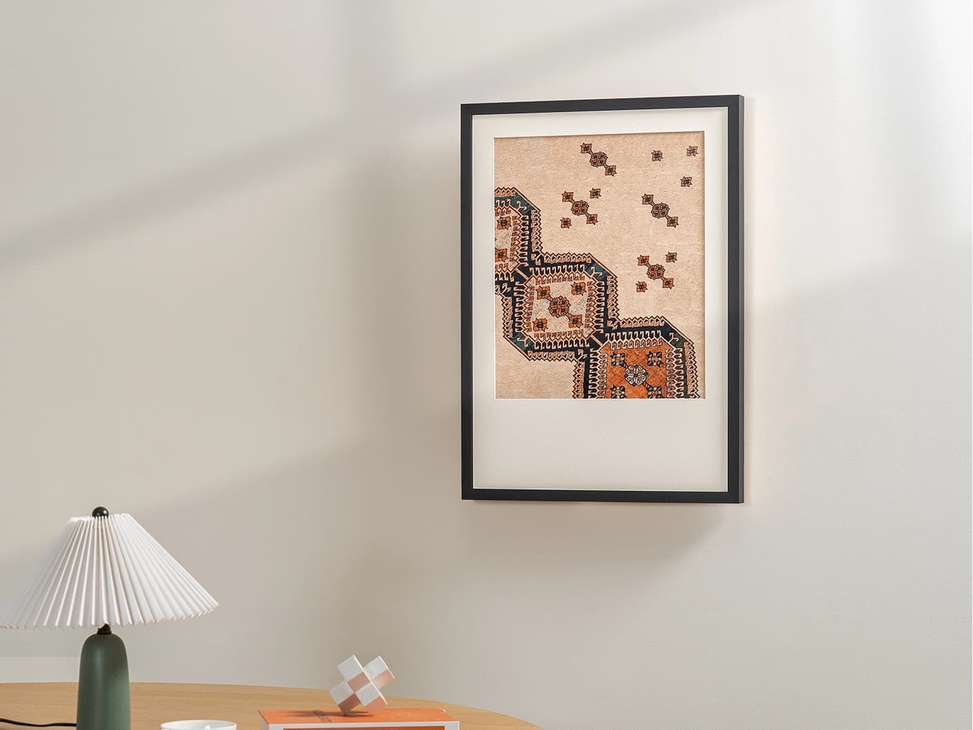 Feather Weight fine art print in beige, blue and rust, shown in a lifestyle left view as image 3
