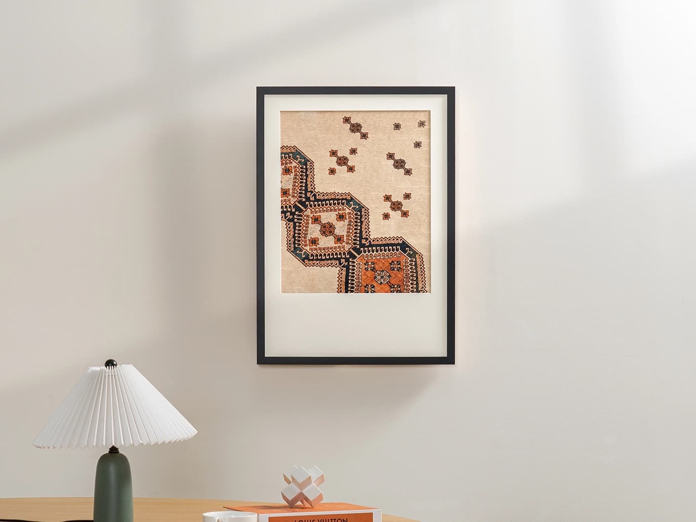 Feather Weight fine art print artwork in beige, blue and rust, shown in a lifestyle front view