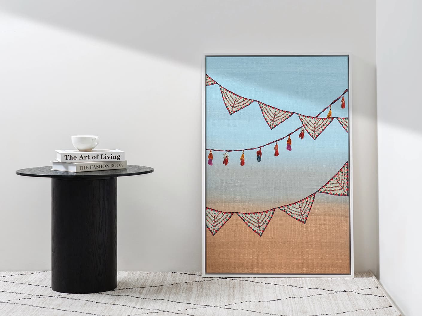 Fiesta canvas artwork in multicolour and blue, shown in a lifestyle front view