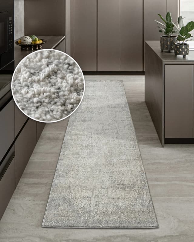Finley Dune Runners carpet in grey, shown in a lifestyle front view