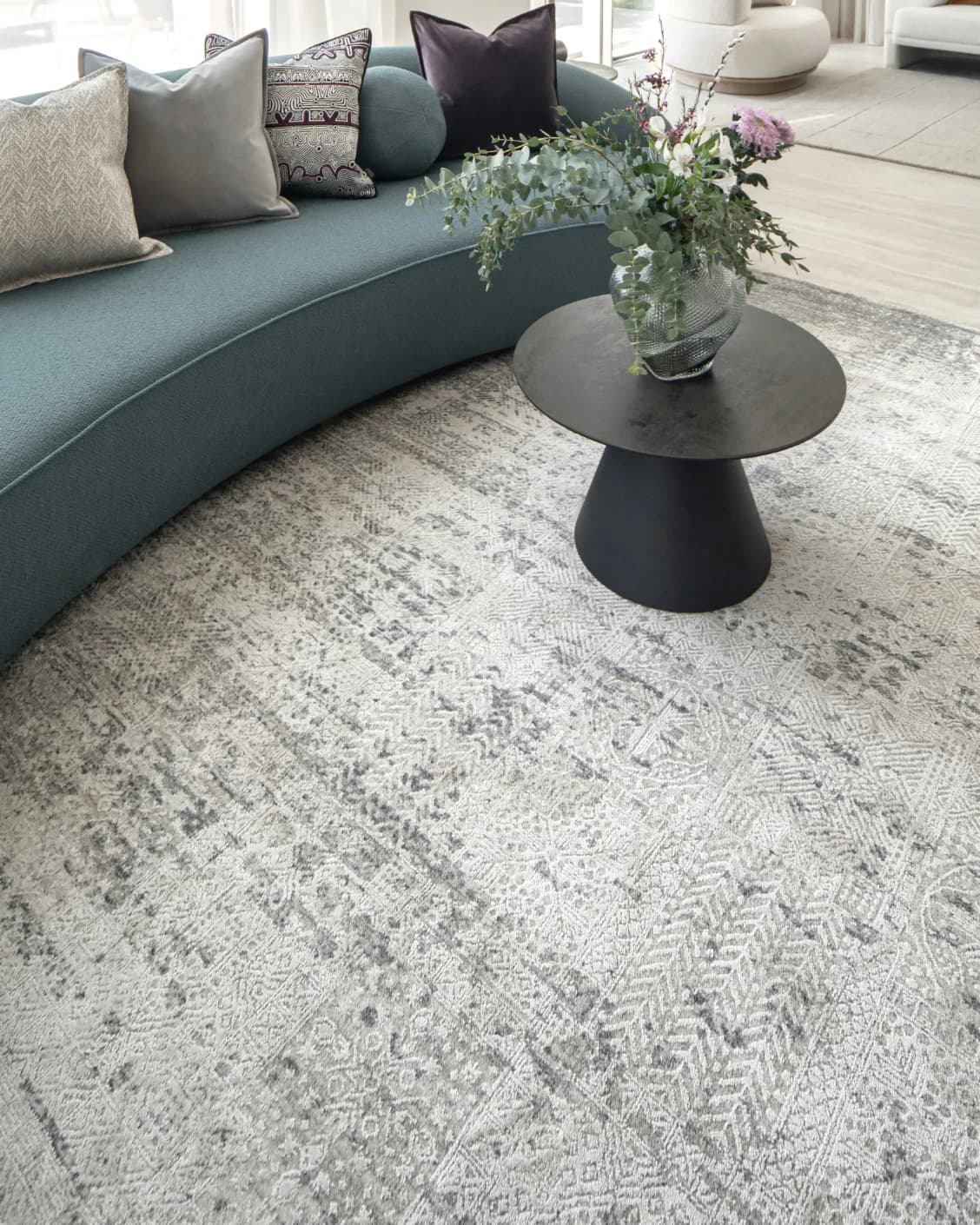 Finley Dune carpet in grey, shown in a lifestyle top view as image 9