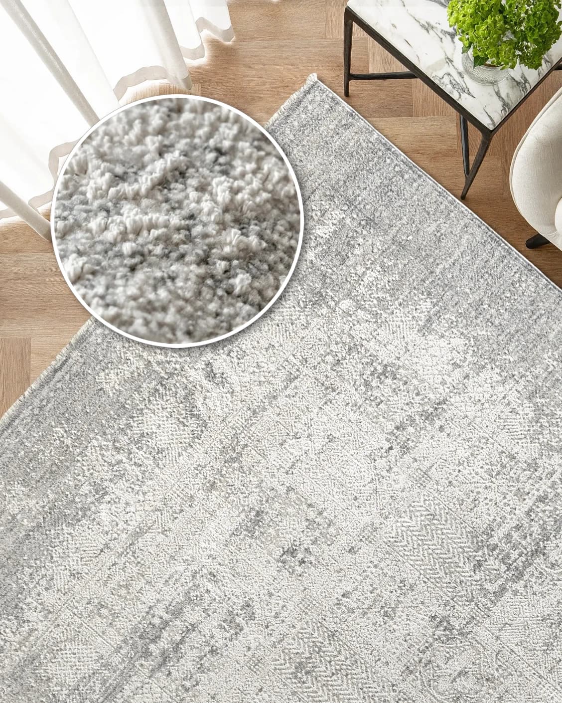 Finley Dune carpet in grey, shown in a lifestyle top view as image 2