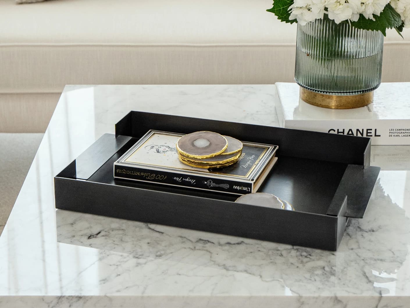 Frank Bandiagara trays in grey, shown in a lifestyle top view