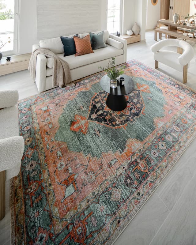 Frank Tiger carpets in blue, orange and multicolour, shown in a lifestyle right view as image 5