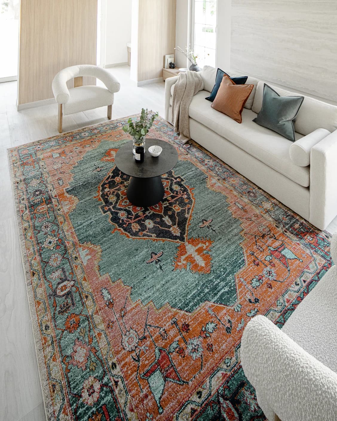 Frank Tiger carpets in blue, orange and multicolour, shown in a lifestyle right view as image 2