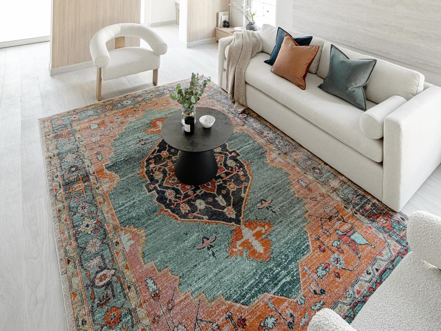 Frank Tiger carpets in blue, orange and multicolour, shown in a lifestyle right view as image 2