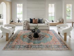 Frank Tiger carpet in blue, orange and multicolour, shown in a lifestyle front view