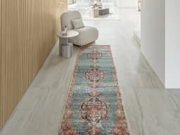 Frank Tiger Runners carpet in blue, orange and multicolour, shown in a lifestyle front view