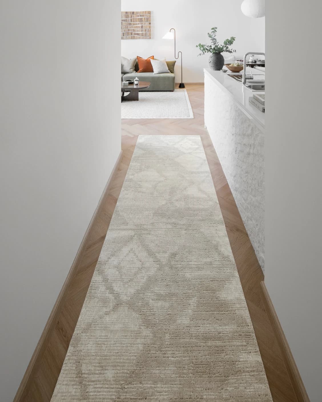 Freida Sandy Runners carpet in sandy and beige, shown in a lifestyle front view as image 2