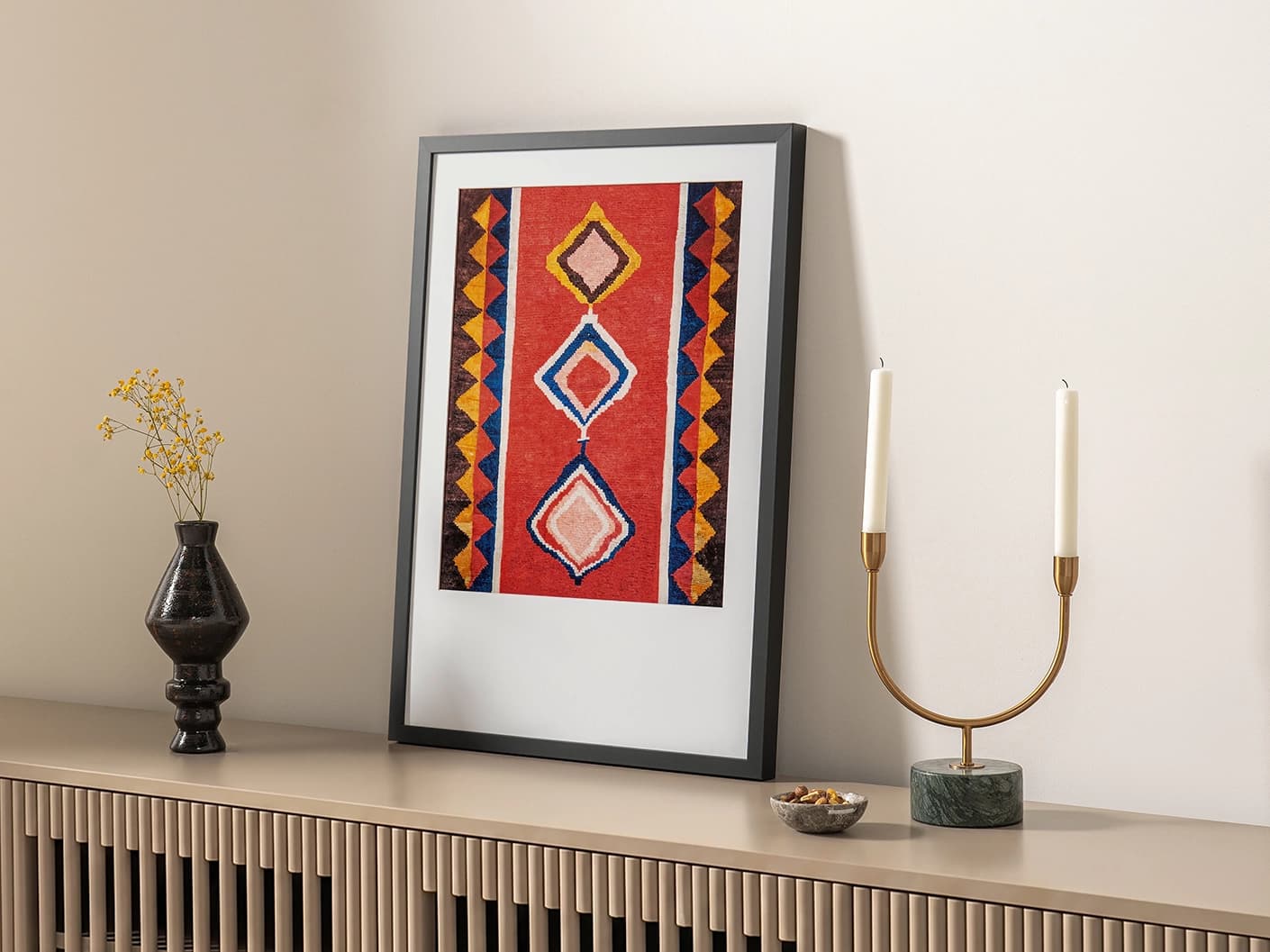 Gabbeh fine art print artwork in red, shown in a lifestyle right view