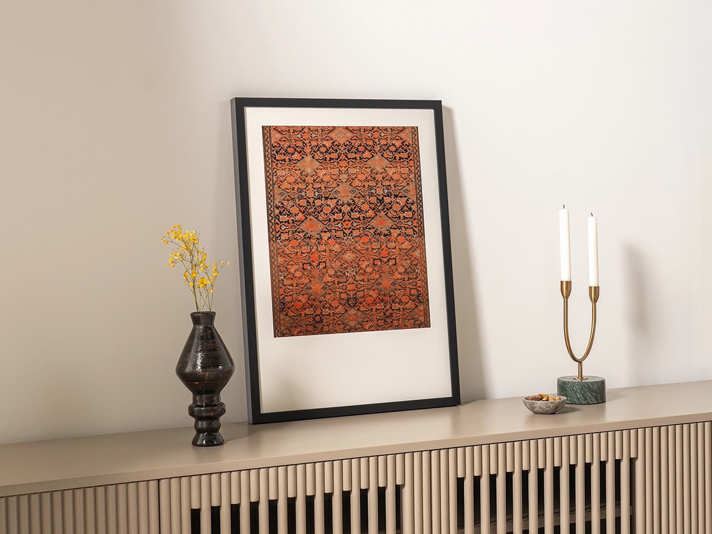 Geo Garden fine art print artwork in brown, shown in a lifestyle left view