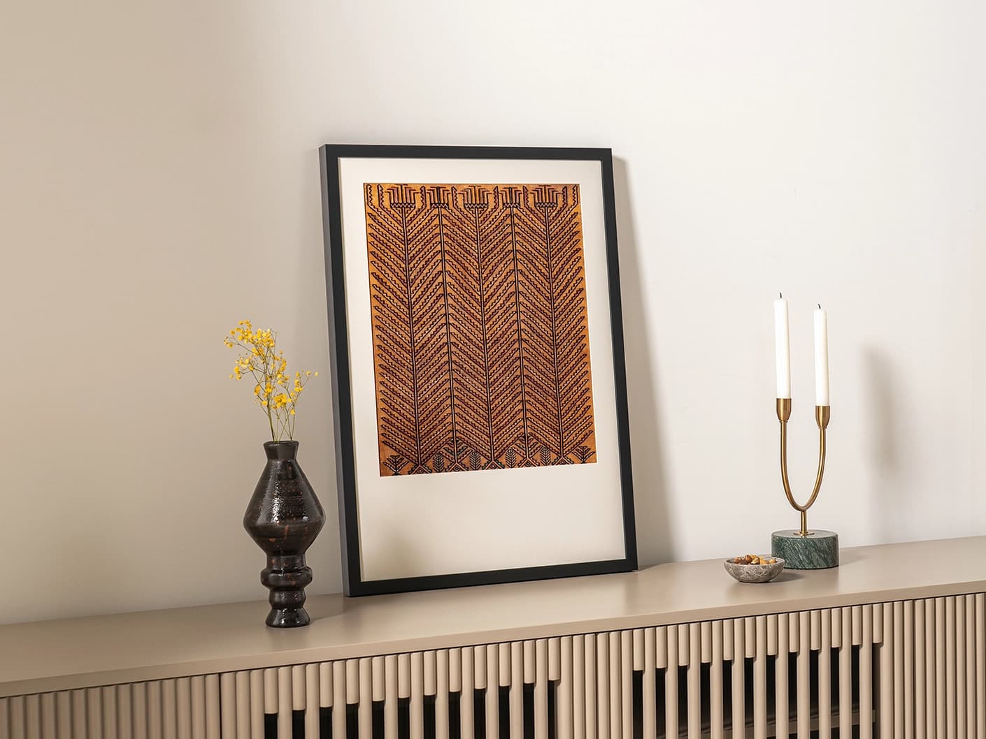 Grain & Grow fine art print artwork in brown, shown in a lifestyle left view
