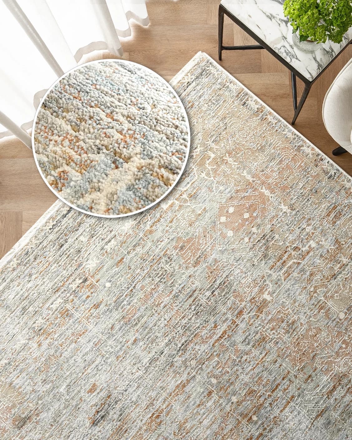 Hana Goldberg carpet in gold, shown in a lifestyle top view as image 2