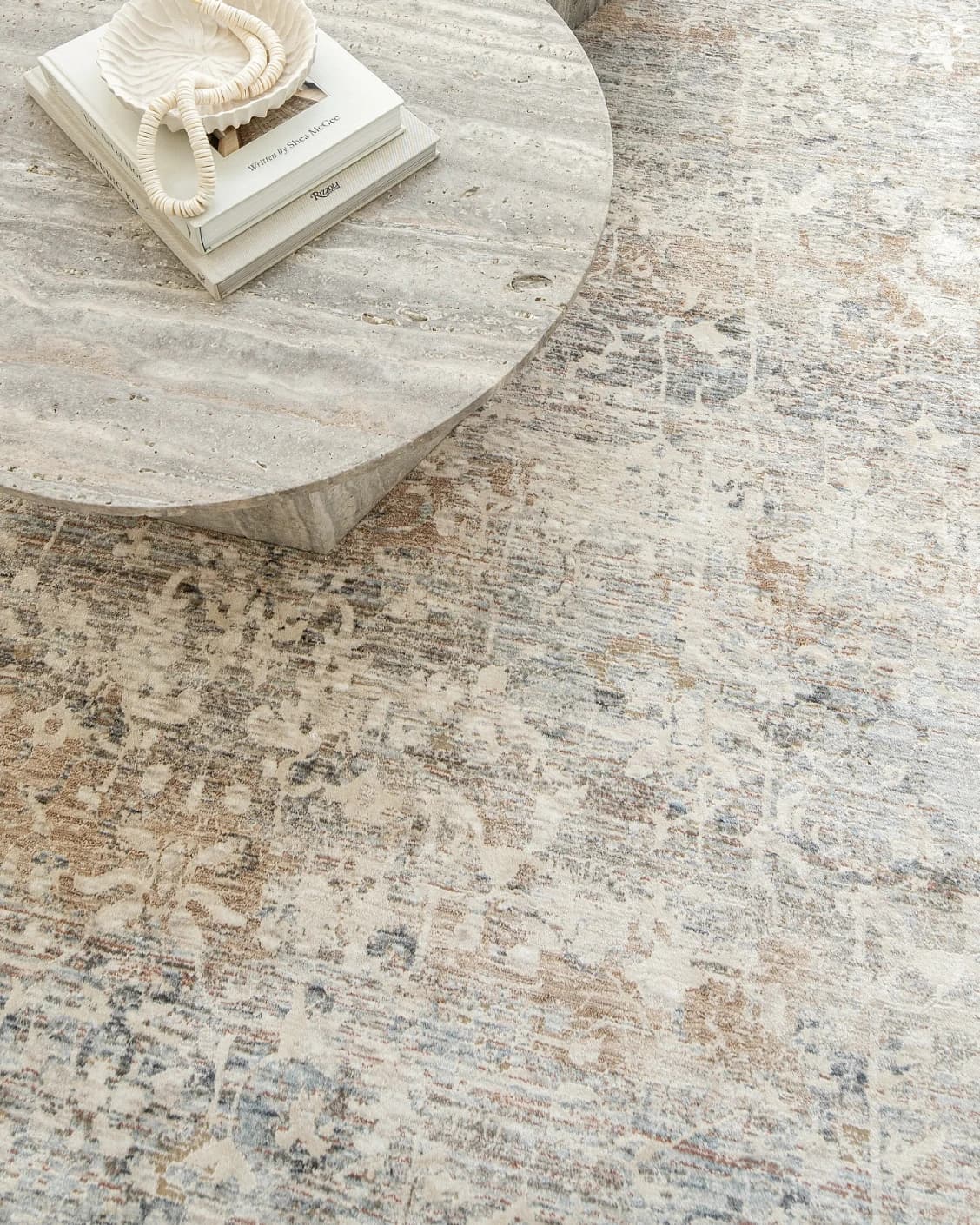 Hana Sandy carpet in beige and taupe, shown in a lifestyle top view as image 7