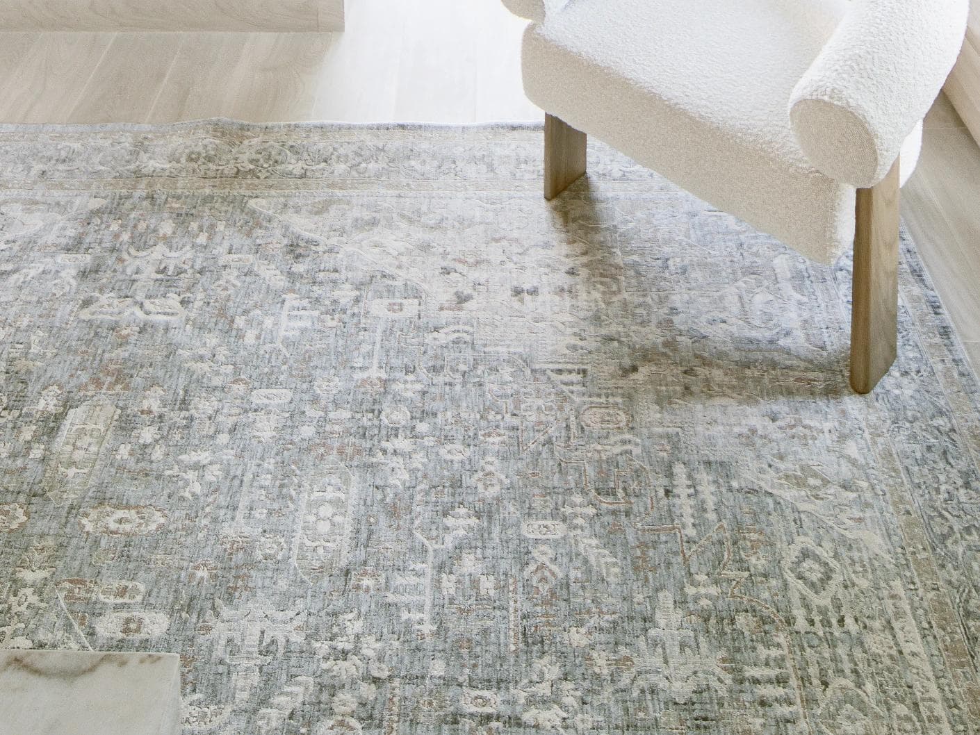 Hana Sky carpet in blue and grey, shown in a lifestyle close-up as image 4