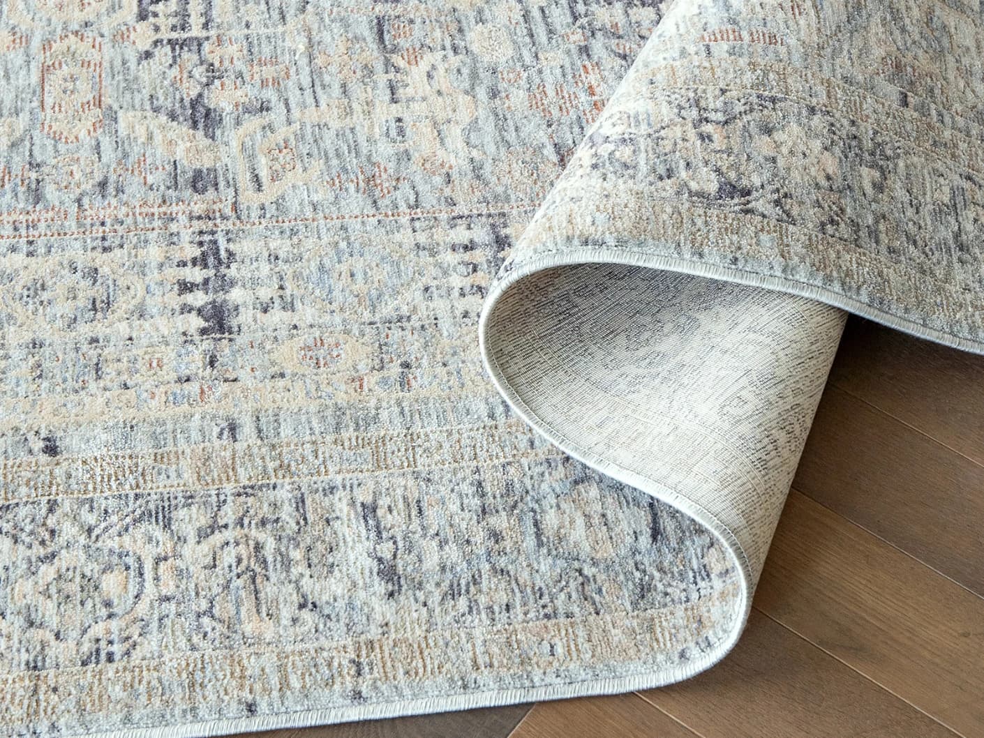 Hana Sky Runners carpets in sky, blue and grey, shown in a product close-up view