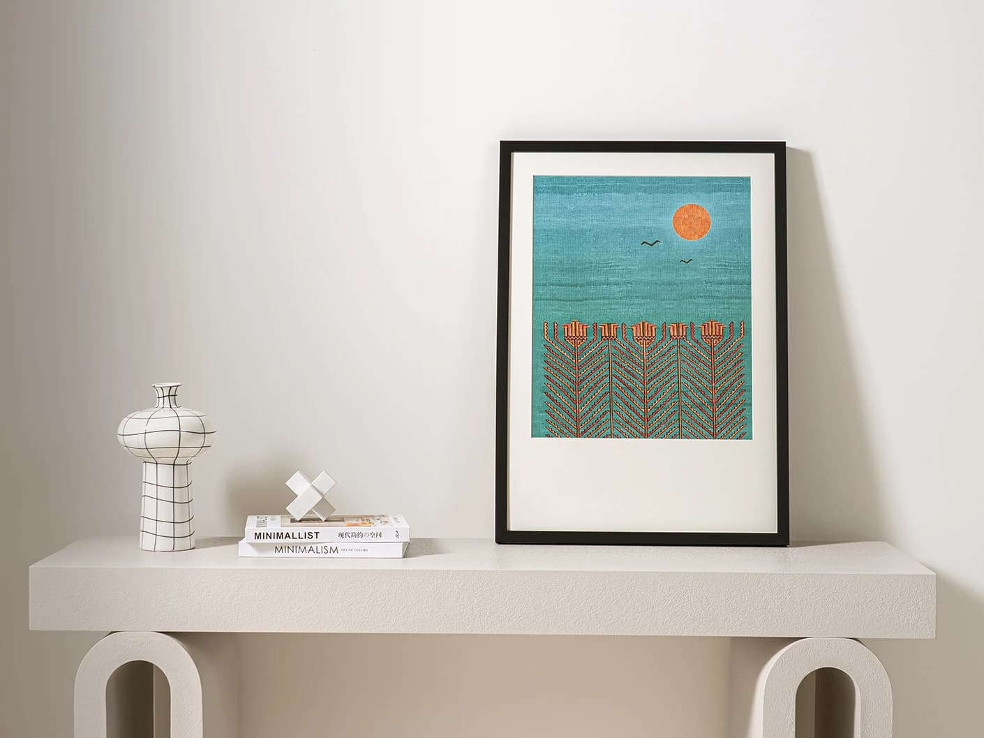 Harvest fine art print artwork in blue, shown in a lifestyle front view