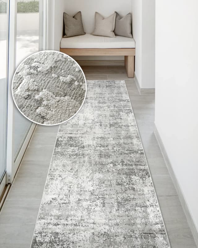 Jay Ashton Runners carpet in grey, shown in a lifestyle front view