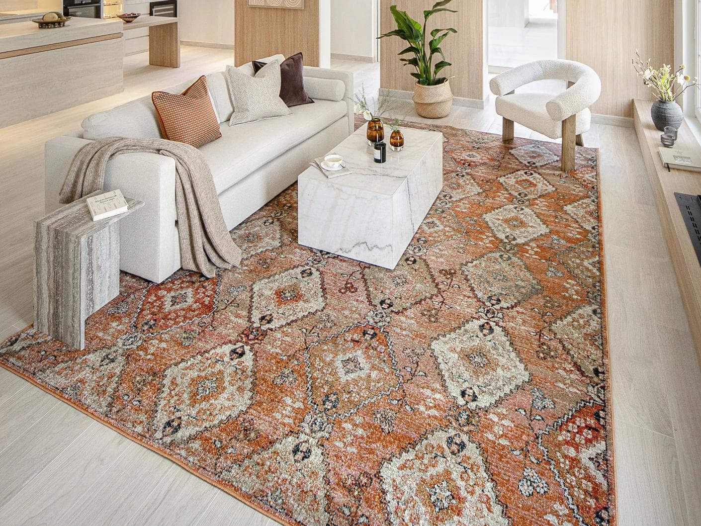Julian Coral carpets in orange and rust, shown in a lifestyle right view as image 3