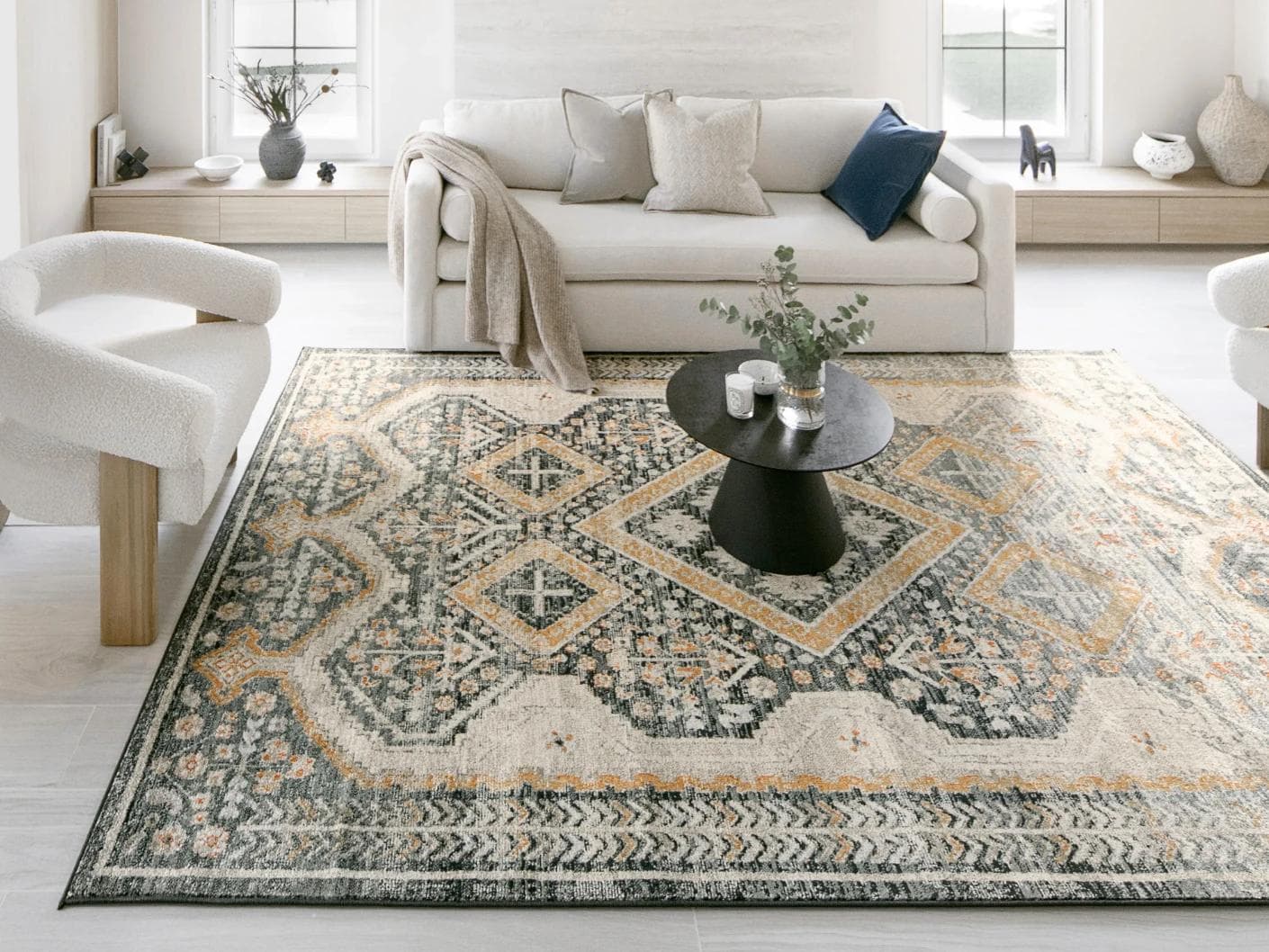 Julian Navy carpets in beige, blue and multicolour, shown in a lifestyle front view as image 3