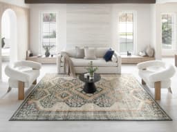 Julian Navy carpet in navy, beige, blue and multicolour, shown in a lifestyle front view