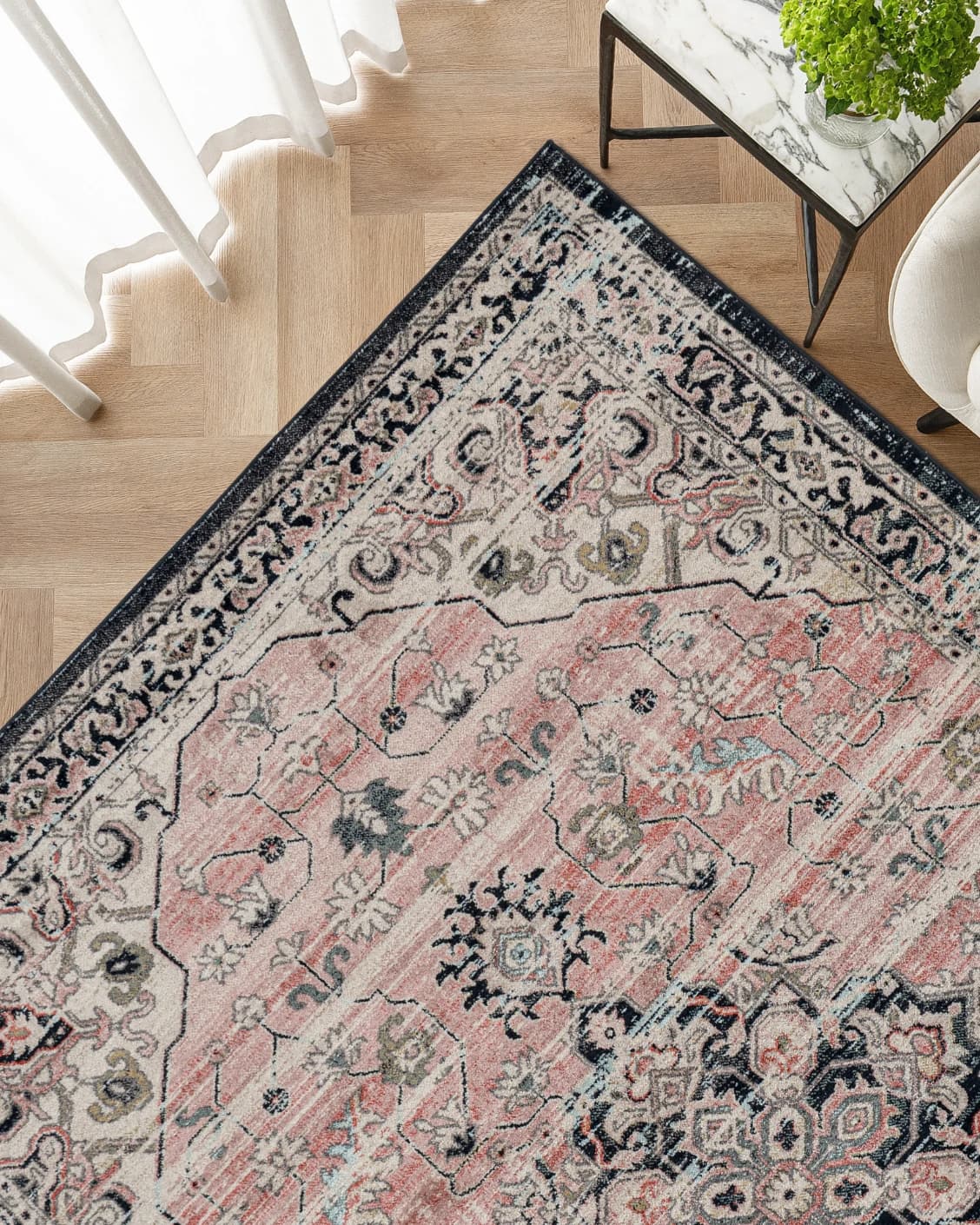 Julian Terracotta Runners carpet in grey and pink, shown in a lifestyle top view as image 7