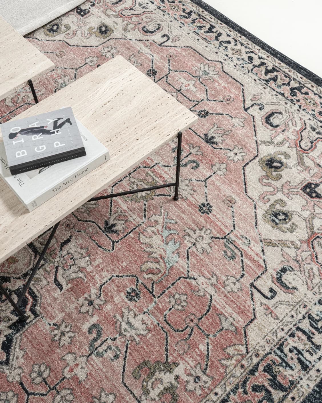 Julian Terracotta Runners carpet in grey and pink, shown in a lifestyle top view as image 6