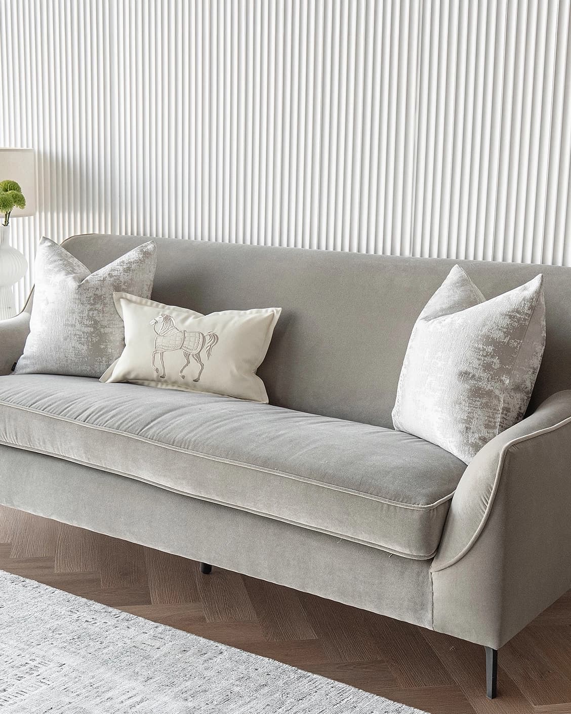 Klaus Bundle cushion in silver, grey and white, shown in a lifestyle right view as image 2