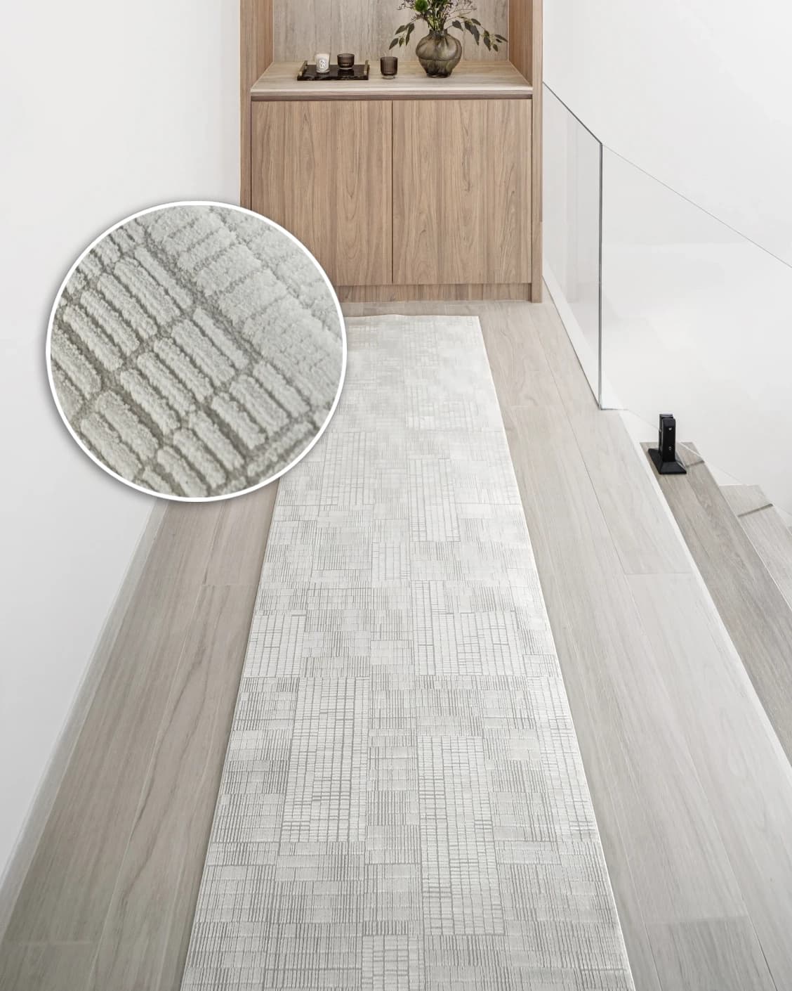 Laino Ashton Runners carpet in ivory and grey, shown in a lifestyle front view