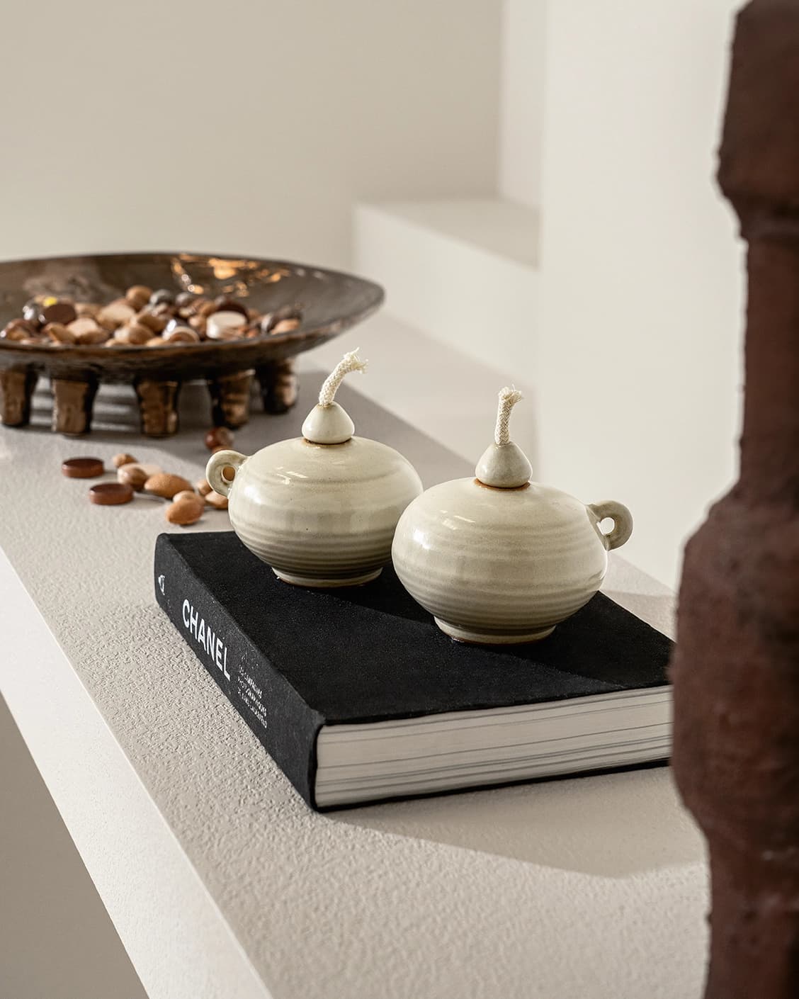 Layal Terra Bundle candle holders in soft ivory and ivory, shown in a lifestyle right view