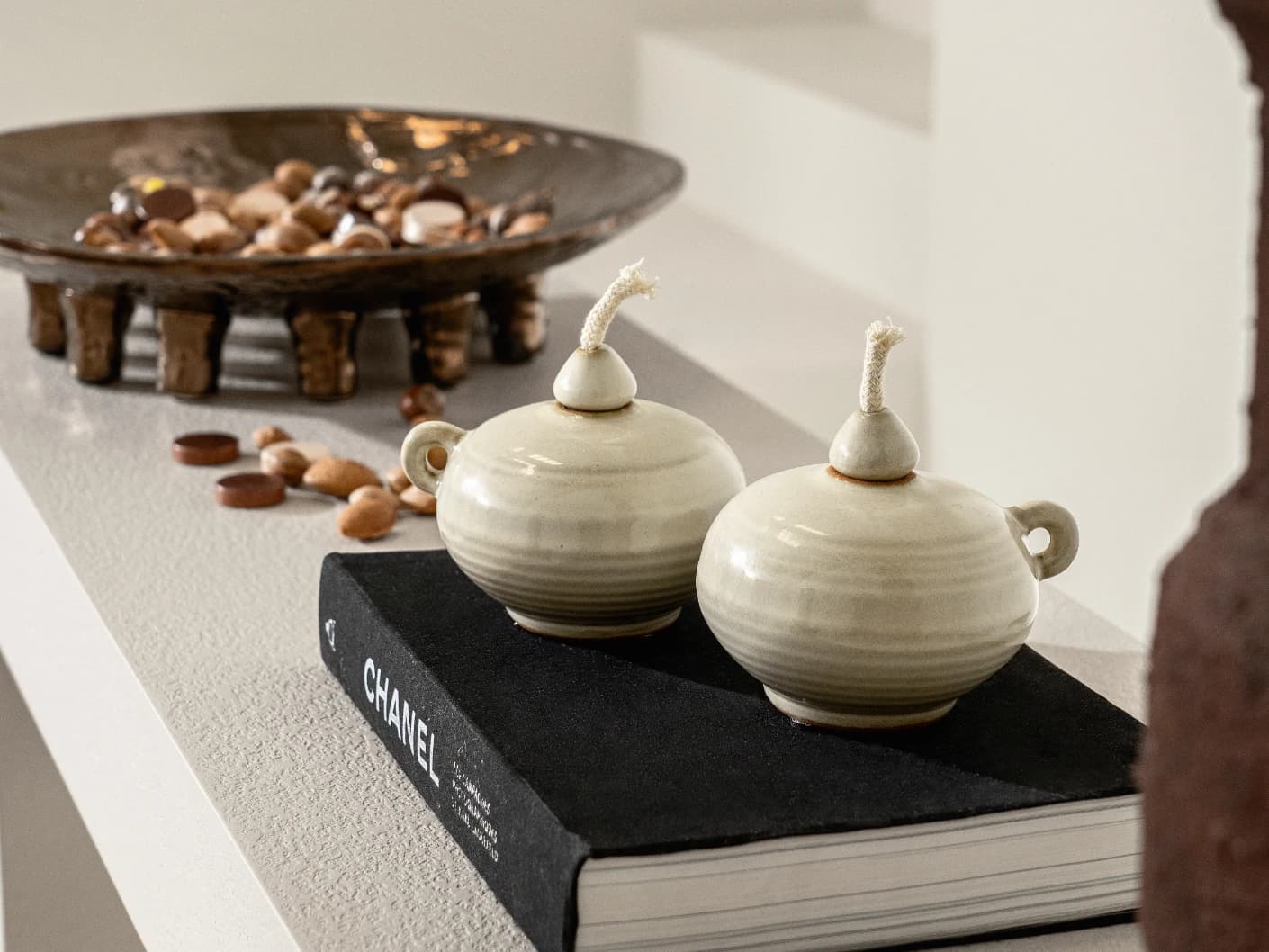 Layal Terra Bundle candle holders in soft ivory and ivory, shown in a lifestyle right view