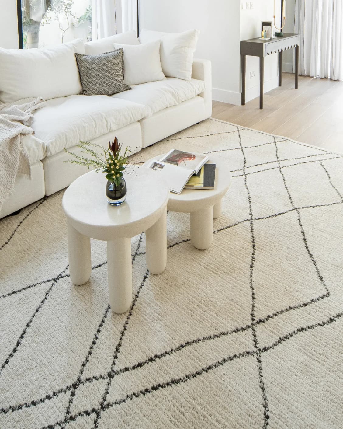 Leila Bianca carpet in beige and charcoal, shown in a lifestyle left view as image 9
