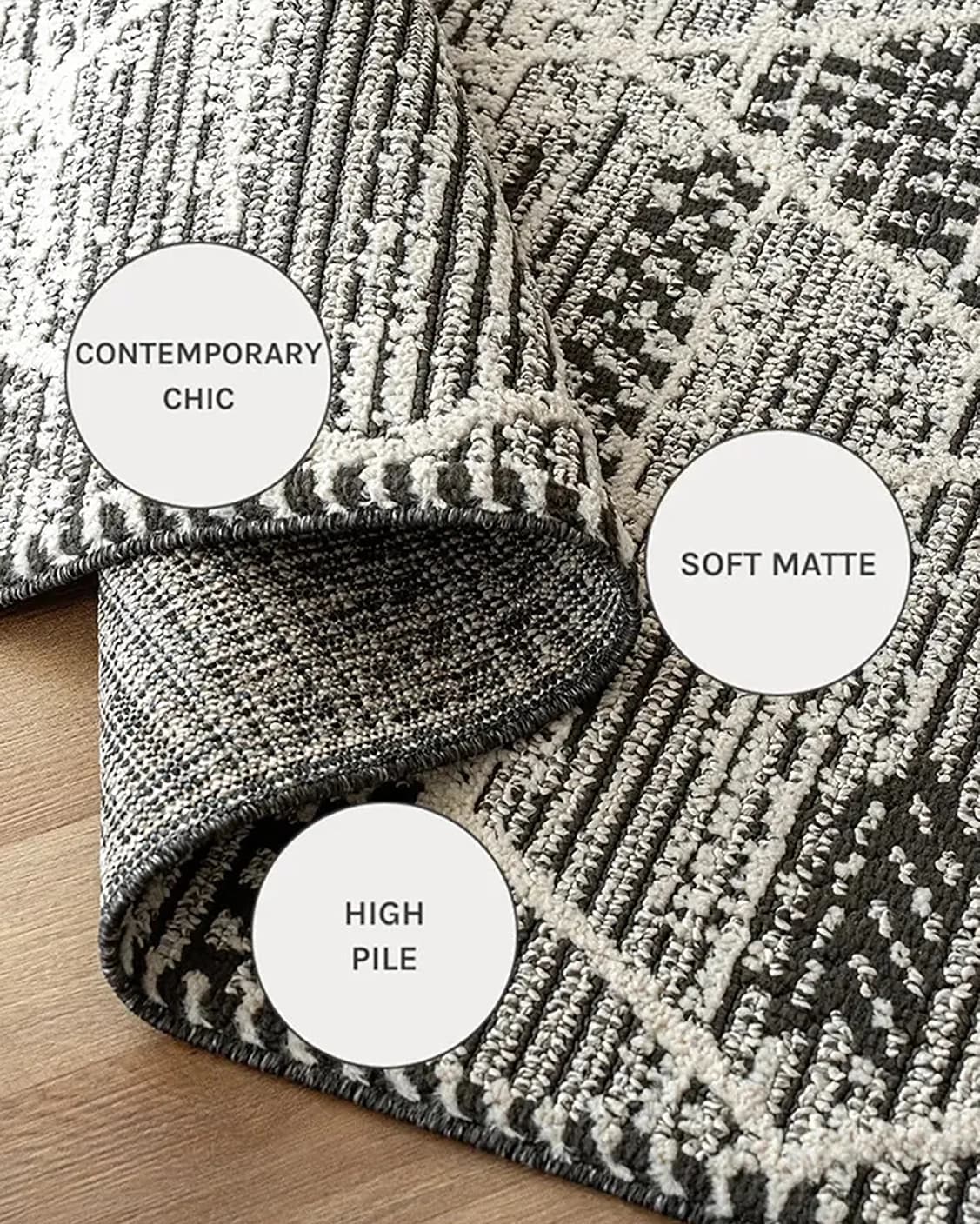 Leila Ebony carpets in ebony, charcoal and white, shown in a close-up as image 16