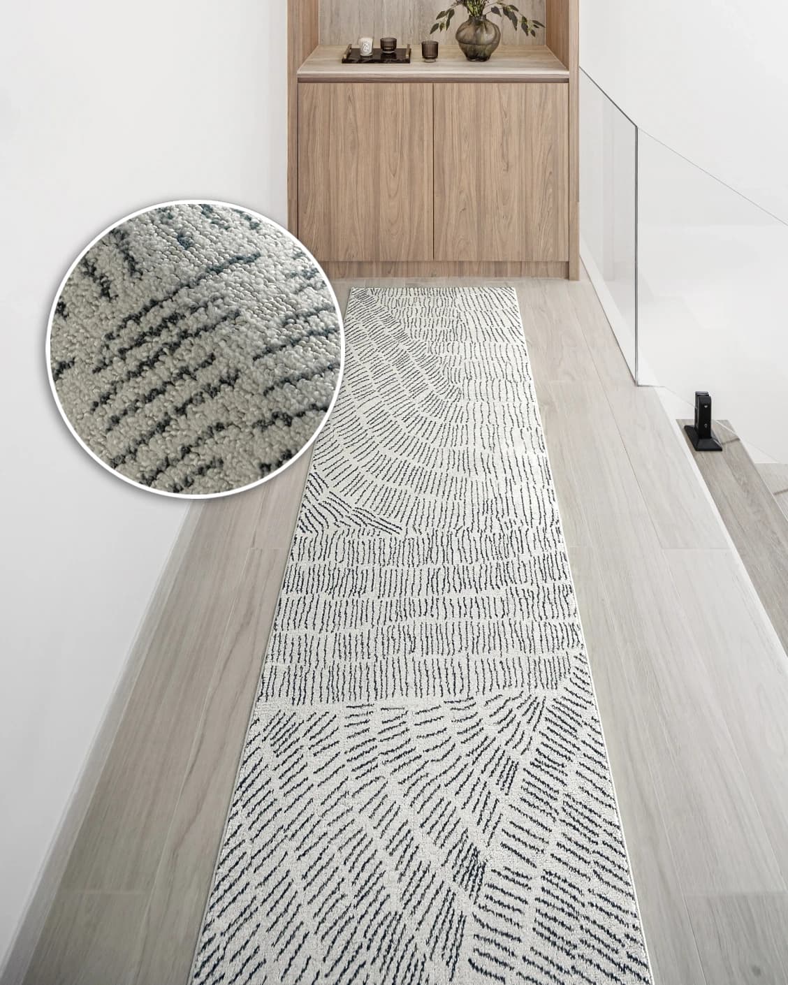 Link Fume Runners carpet in grey, shown in a lifestyle front view