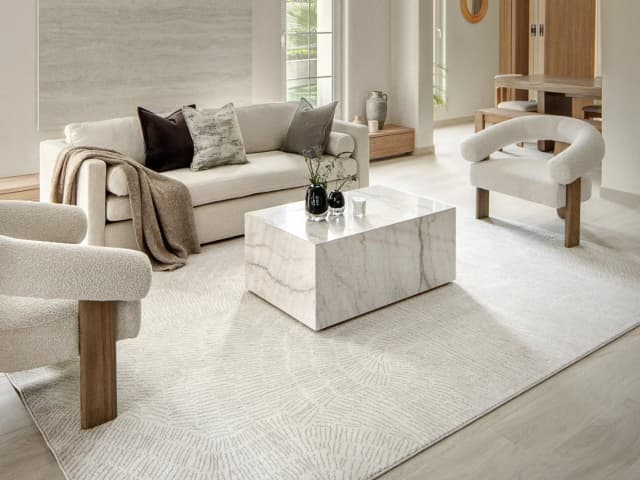 Link Sandy carpet in sandy and beige, shown in a lifestyle front view