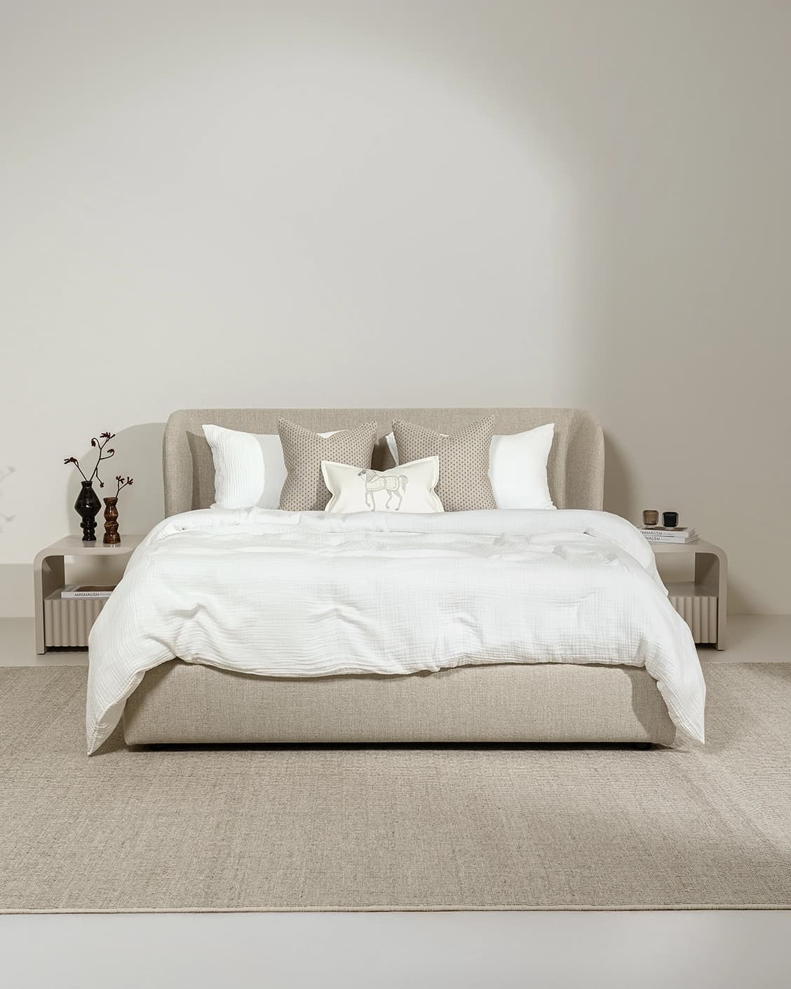 Livia Warm Mushroom bed frame, shown in a lifestyle front view as image 2