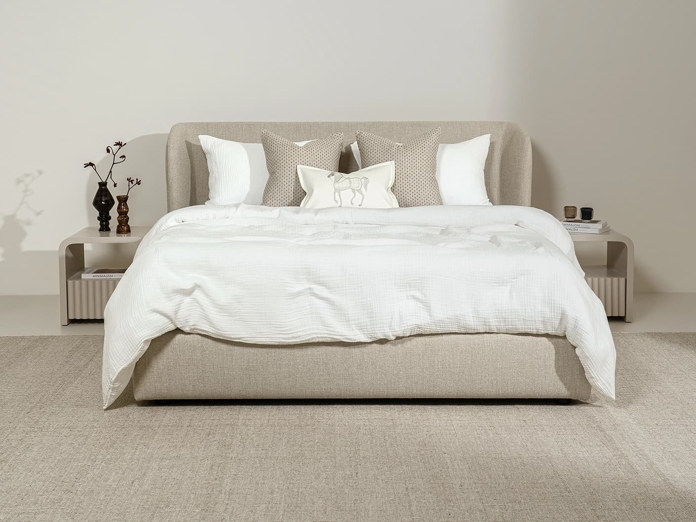 Livia Warm Mushroom bed frame, shown in a lifestyle front view as image 3