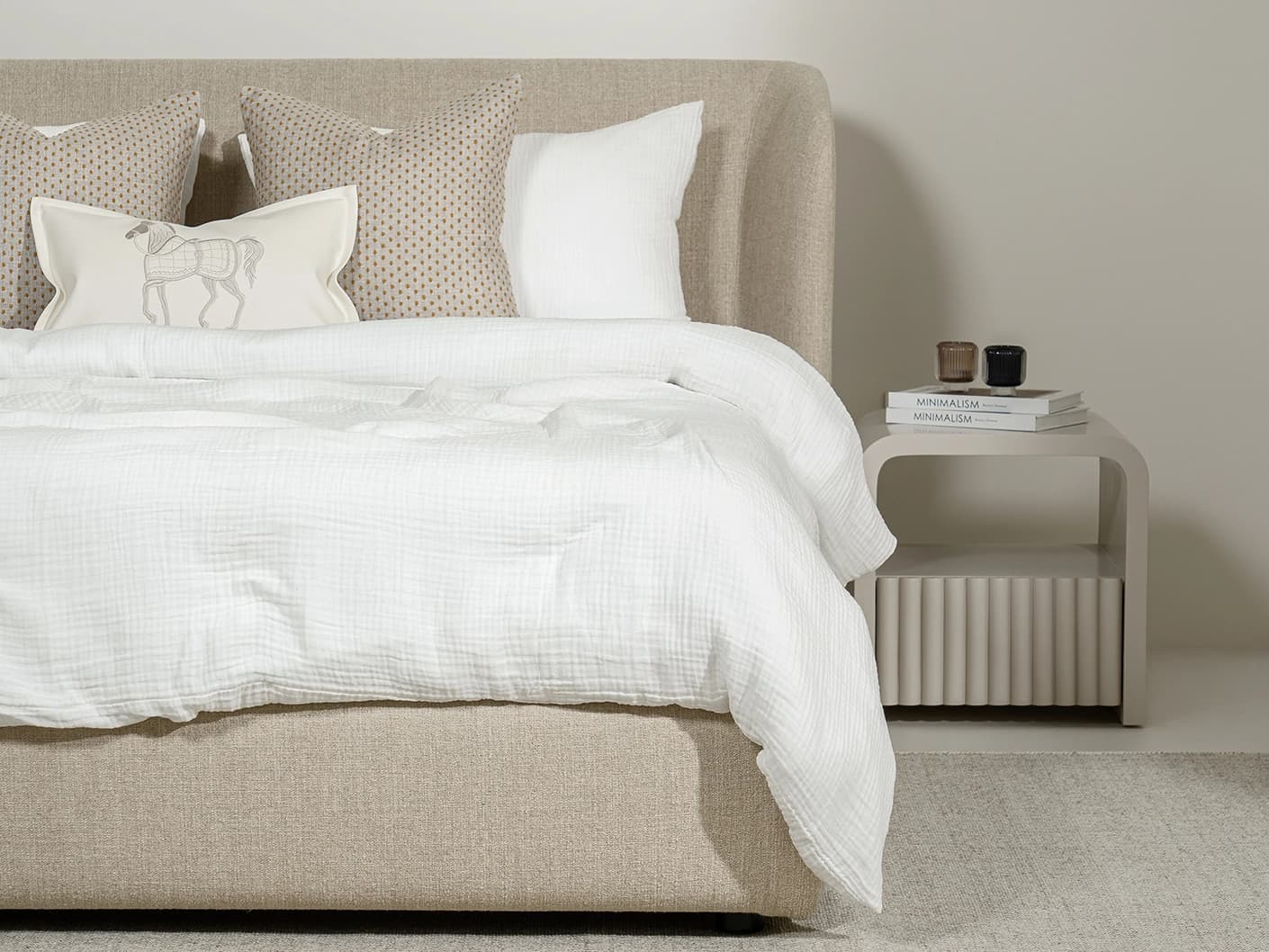 Livia Warm Mushroom bed frame, shown in a lifestyle right view as image 6
