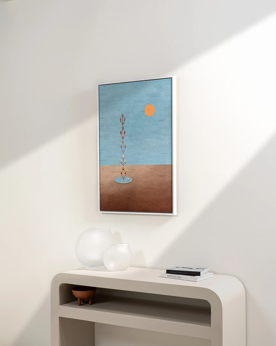 Lone Tree canvas in blue and beige, shown in a lifestyle right view as image 3