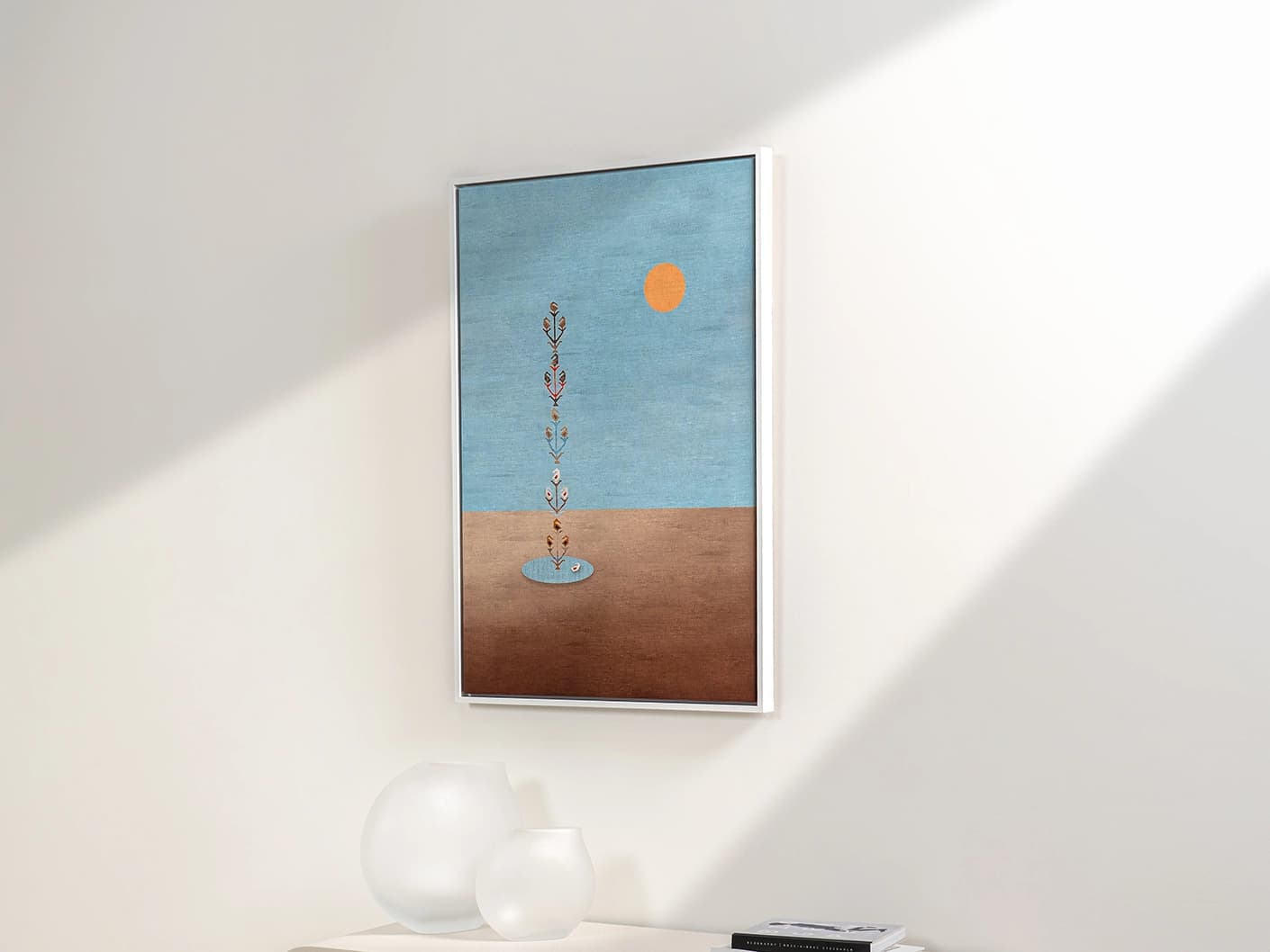 Lone Tree canvas artwork in blue and beige, shown in a lifestyle right view